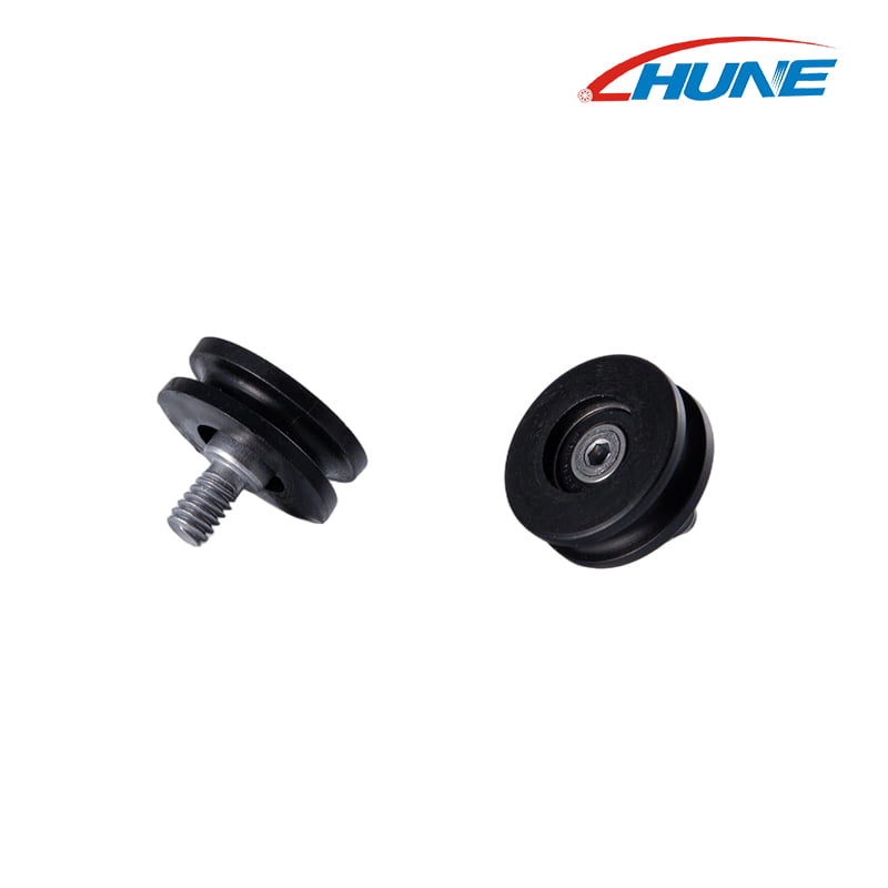 HUNE black grooved rollers showing a threaded mounting stud and the opposite wheel face