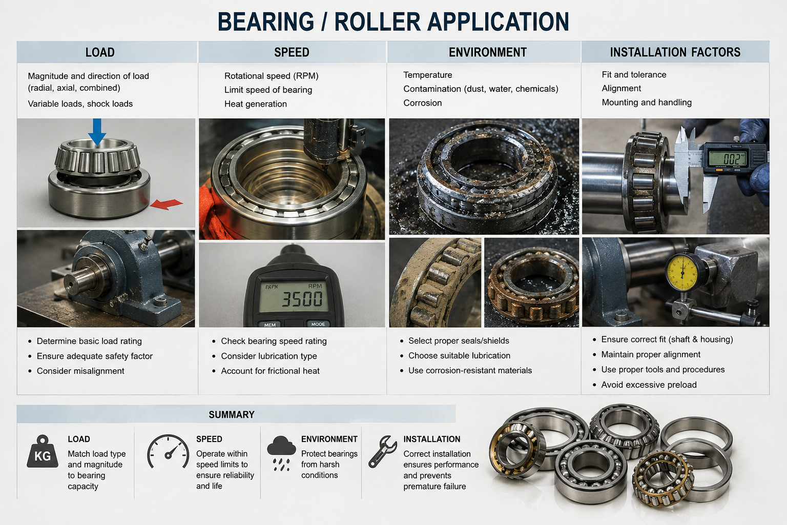bearing roller application showing load speed environment and installation factors