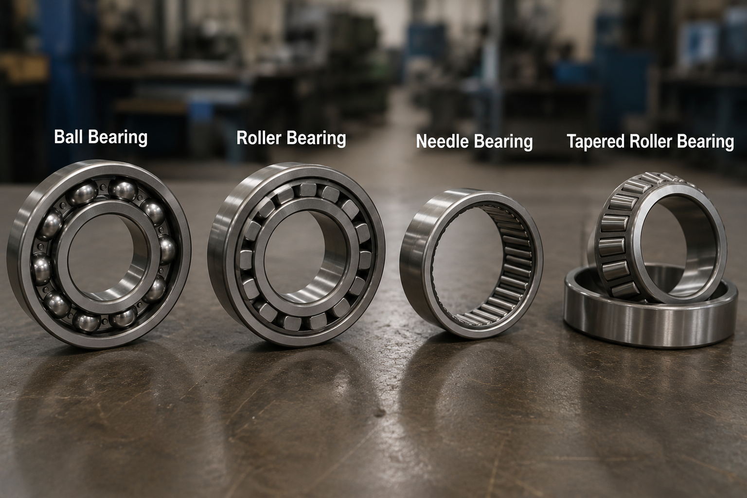 a diagram showing four common types of bearings including ball bearing roller bearing needle bearing and tapered roller bearing