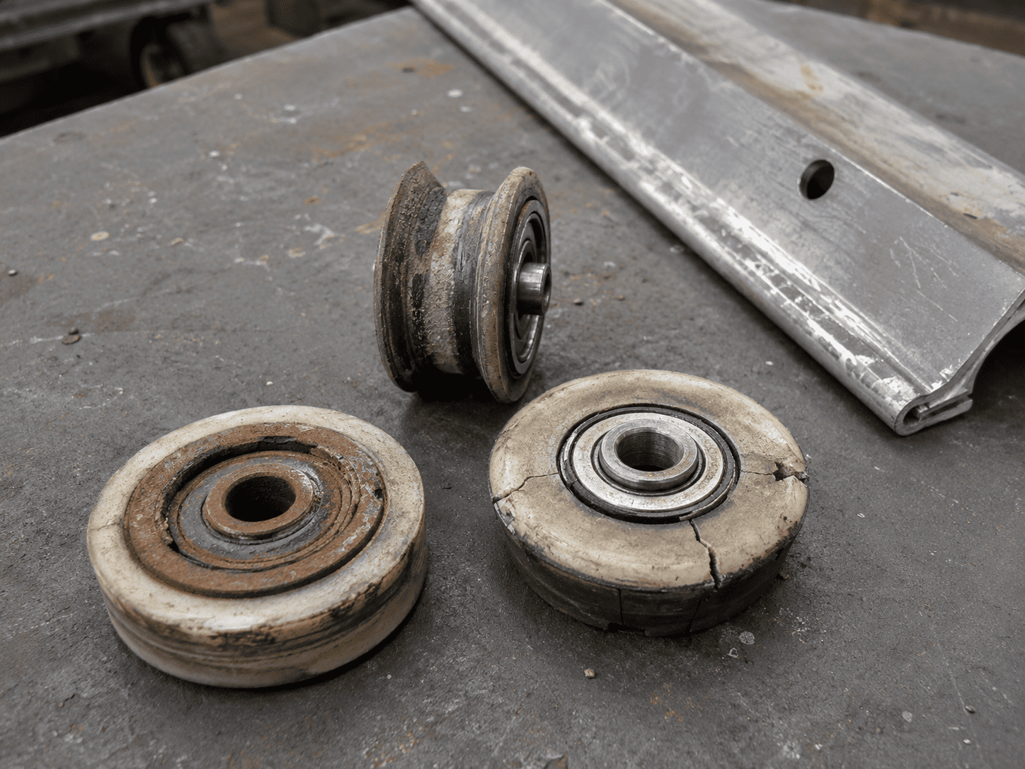 Worn industrial door roller failure