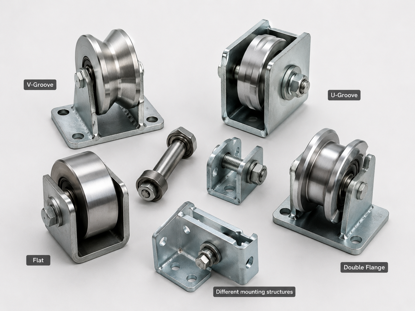 V-groove, U-groove, flat, and double-flange sliding gate rollers with shafts and brackets