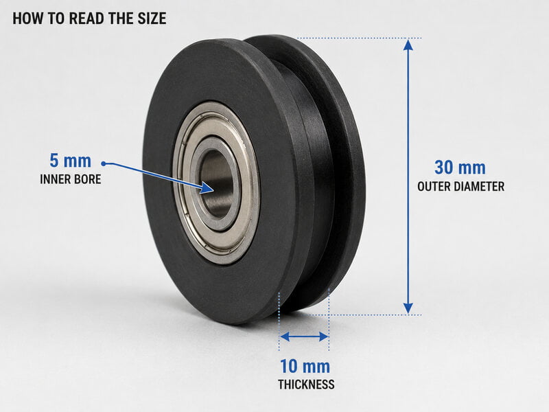 Realistic close-up of a black POM U-groove wheel with a metal bearing. Mark 5 mm as the inner bore, 30 mm as the outer diameter and 10 mm as the total thickness. Use clean technical labels and a horizontal composition.