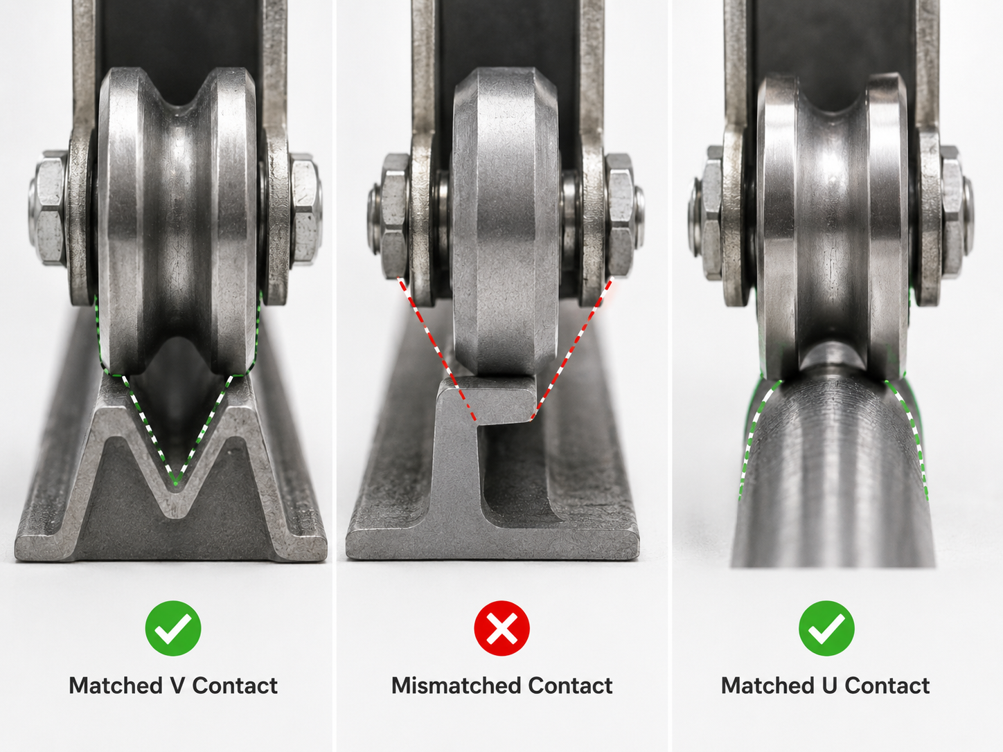 Correct and incorrect contact between V-groove and U-groove sliding gate rollers and their matching tracks