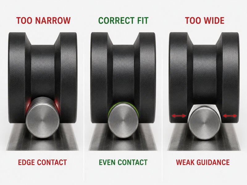 Correct and incorrect U-groove roller contact with a round track