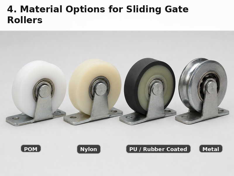POM, nylon, rubber-coated, and metal sliding gate rollers compared side by side