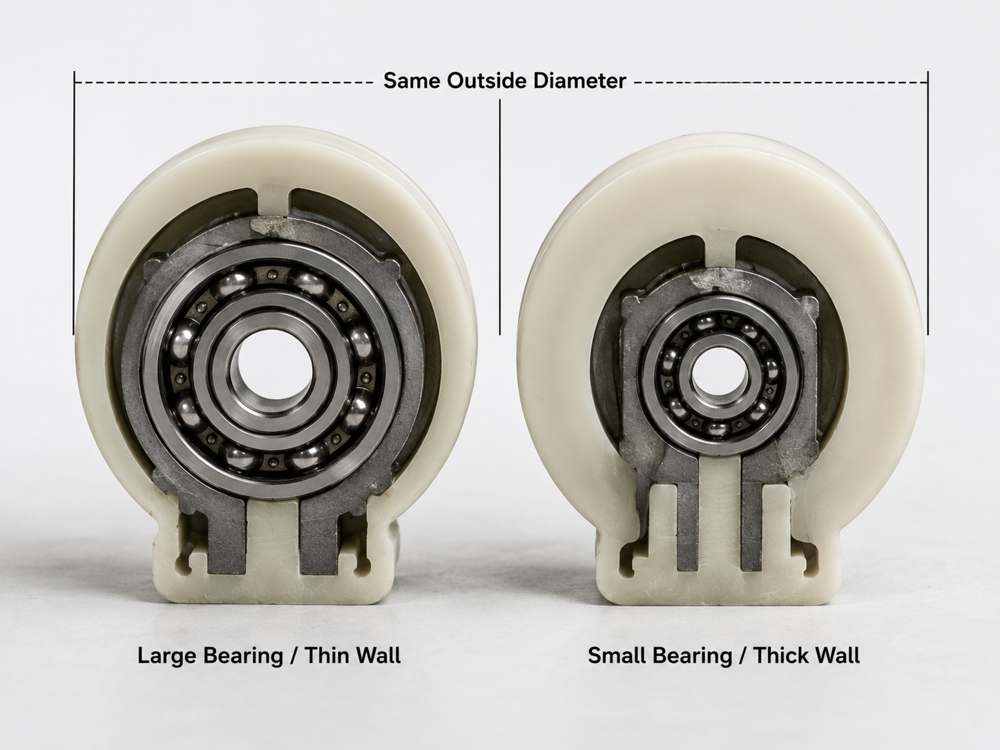 Two same-diameter sliding gate rollers with different bearing sizes and wheel-wall thicknesses