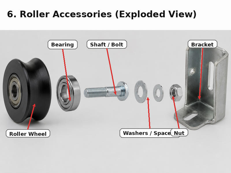 Exploded view of a sliding gate roller, bearing, shaft, washers, fasteners, and stamped bracket
