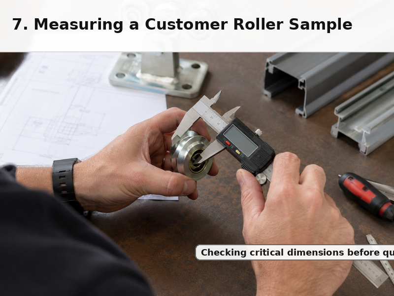 Technician measuring a customer sliding gate roller sample with a digital caliper