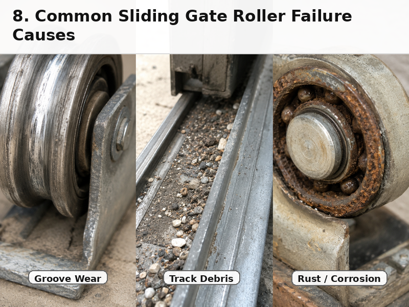 Uneven roller-groove wear, debris on a sliding gate track, and a corroded bearing
