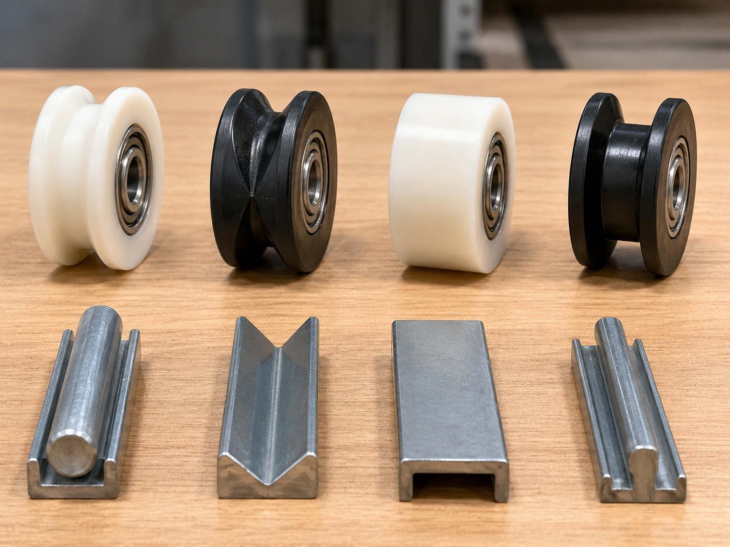 U-groove, V-groove, flat and double-flange rollers matched with different tracks