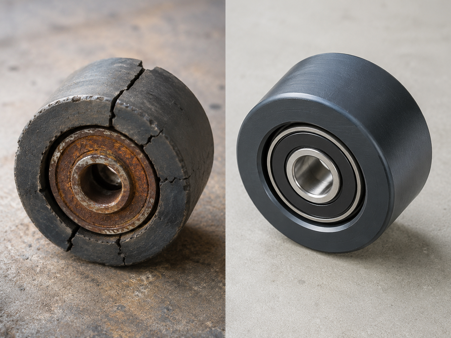 Cracked outdoor plastic-coated roller and corroded bearing beside an improved sealed roller