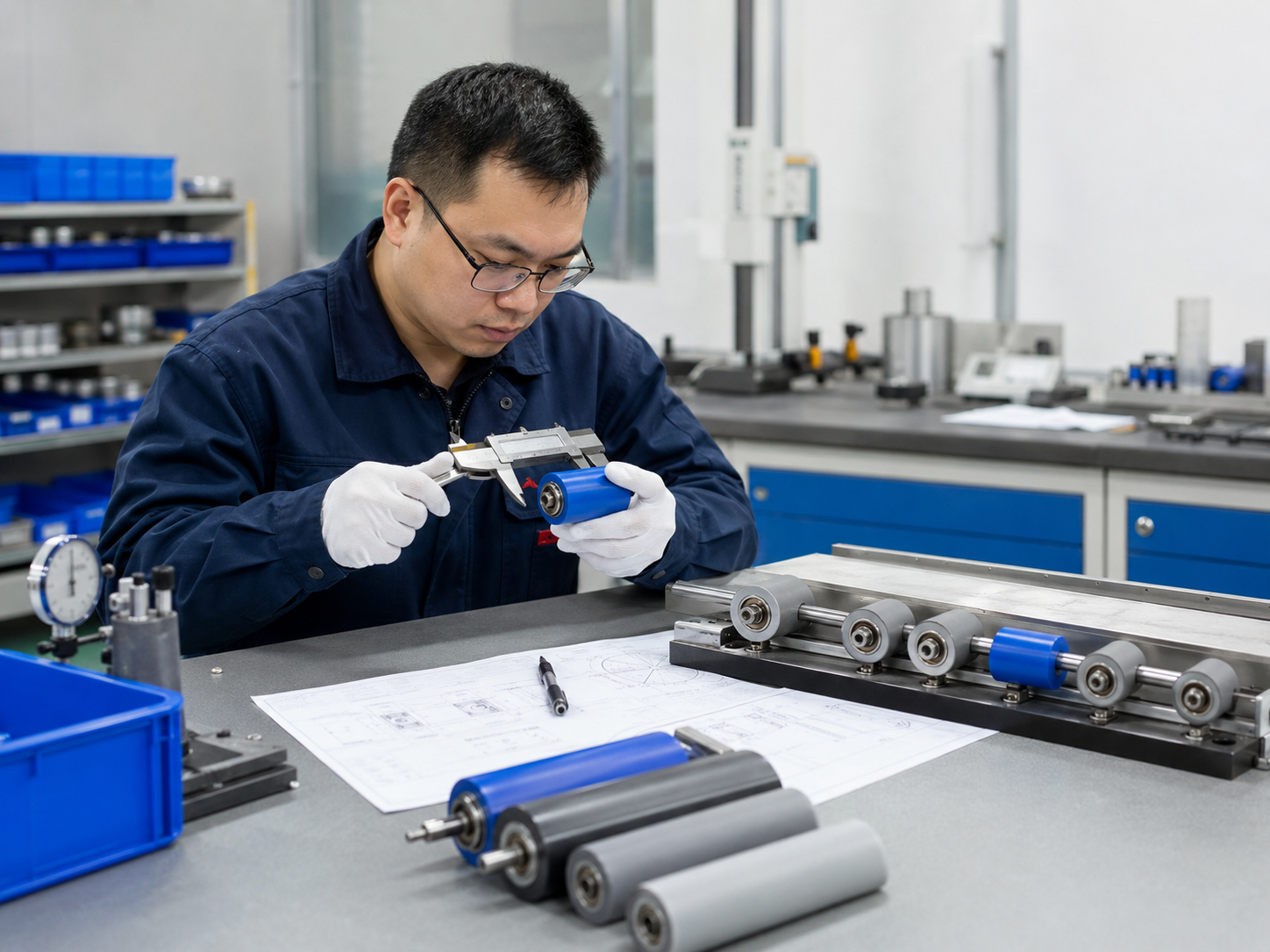 Factory technician measuring a plastic-coated bearing roller and testing it on a track