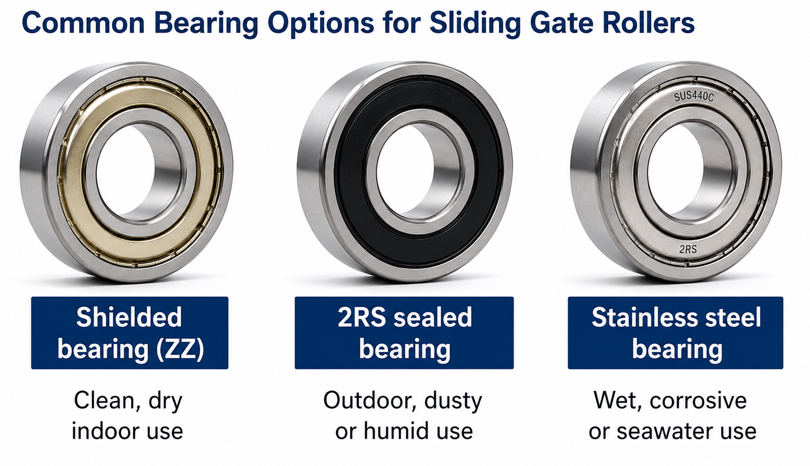 Comparison of shielded, 2RS sealed and stainless steel bearings for gate rollers