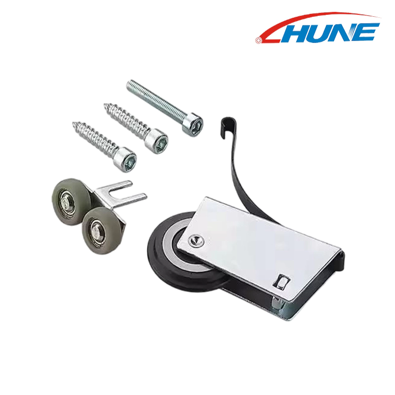 Anti-jump wardrobe sliding door bottom roller assembly with spring clip