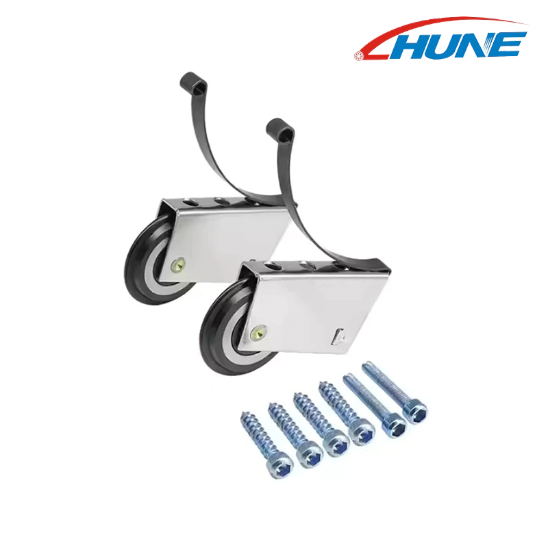 Anti-jump wardrobe sliding door bottom roller assembly with spring clip