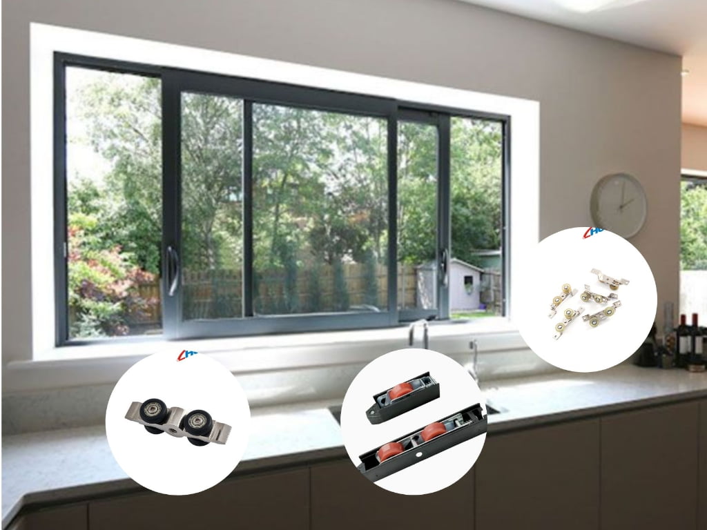 POM sliding window roller with stainless steel bracket installed on an aluminum track