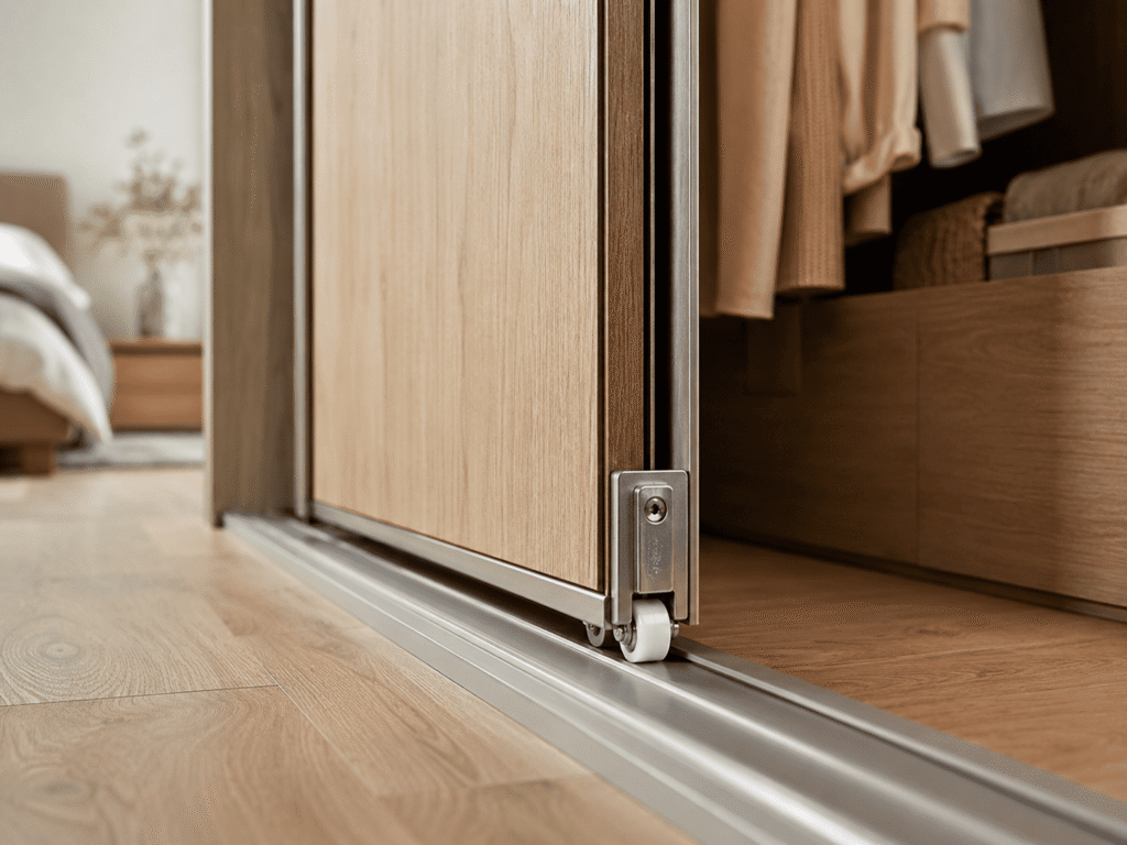 Bearing roller installed in the bottom track of a sliding wardrobe door