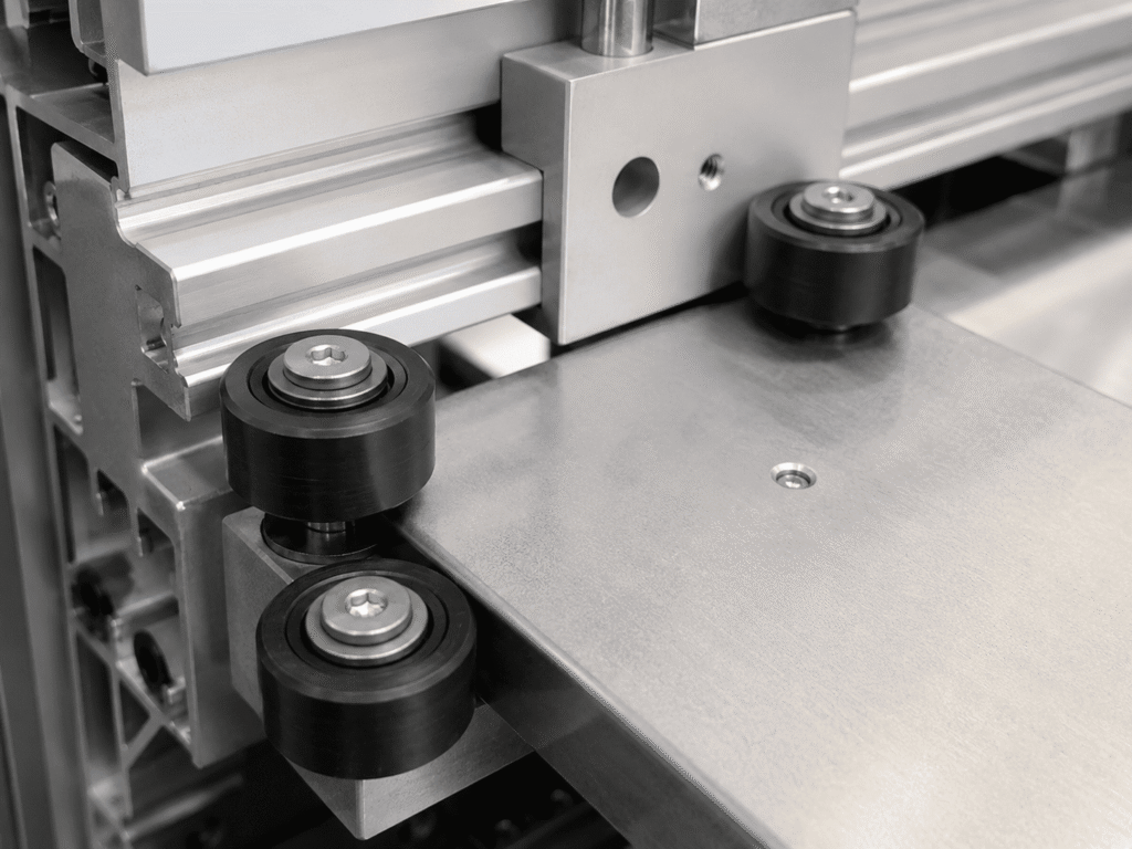 Industrial automation equipment uses bearing rollers to guide moving plates, frames, guards, and linear mechanisms. These rollers can contact the edge or surface of a moving component and maintain its travel position.