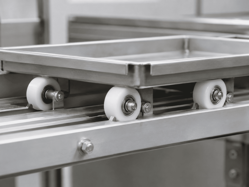 Sliding rollers with bearings can support trays, carriers, guide plates, and other moving components in conveying or material-handling systems. Multiple rollers distribute the load and keep the component aligned during movement.