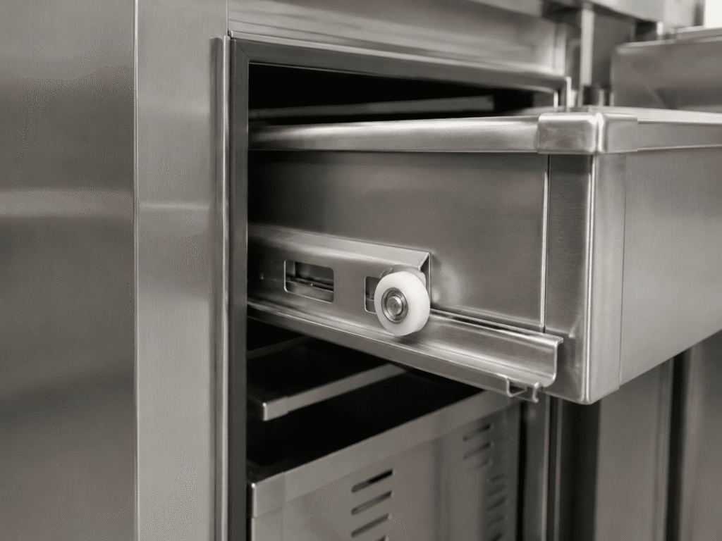 Plastic-coated bearing roller used in a commercial stainless steel drawer guide
