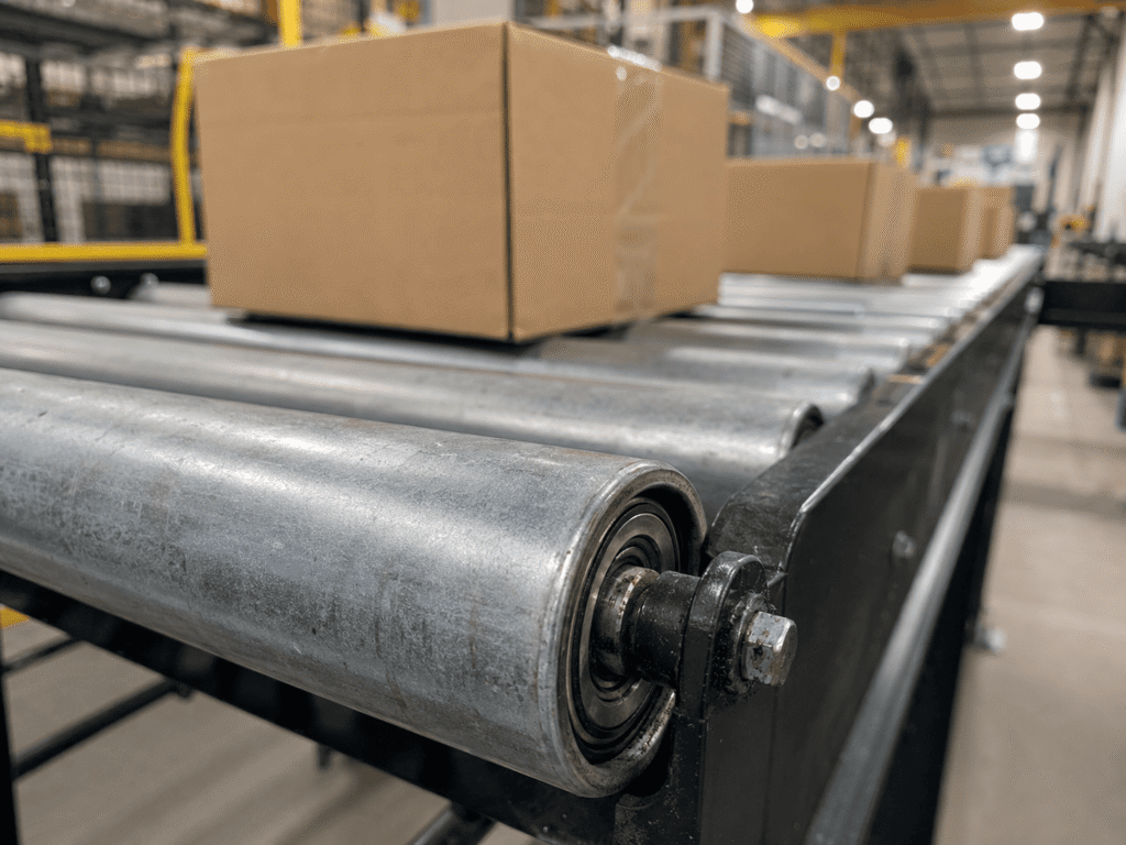 Sealed deep groove ball bearing installed inside a conveyor roller