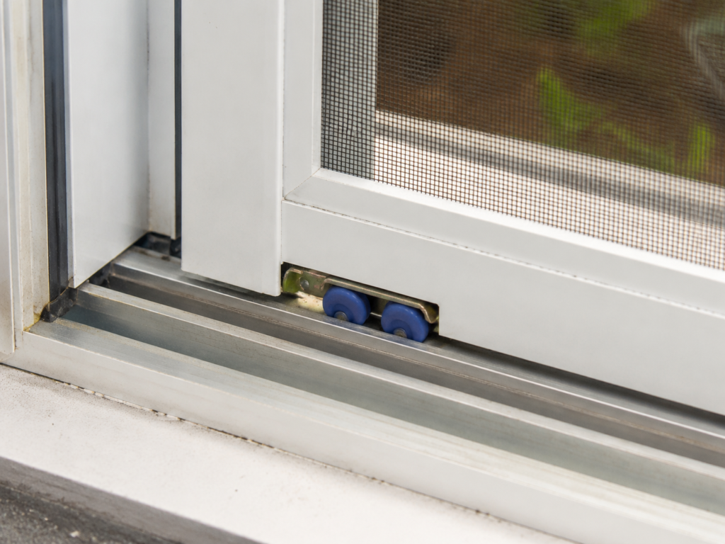Double nylon wheel roller assembly installed in a UPVC sliding screen window