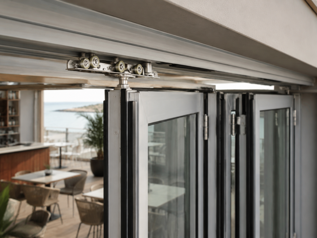 Top roller carriage installed on an aluminium folding sliding door