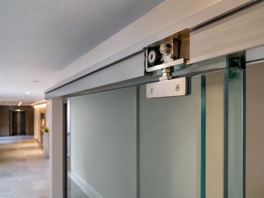 Stainless steel hanger roller hardware installed on an interior glass sliding door