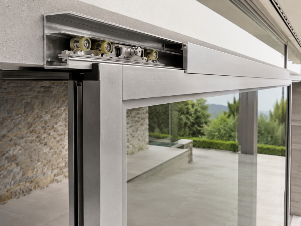 Heavy-duty sliding door roller assembly installed in an aluminium door track