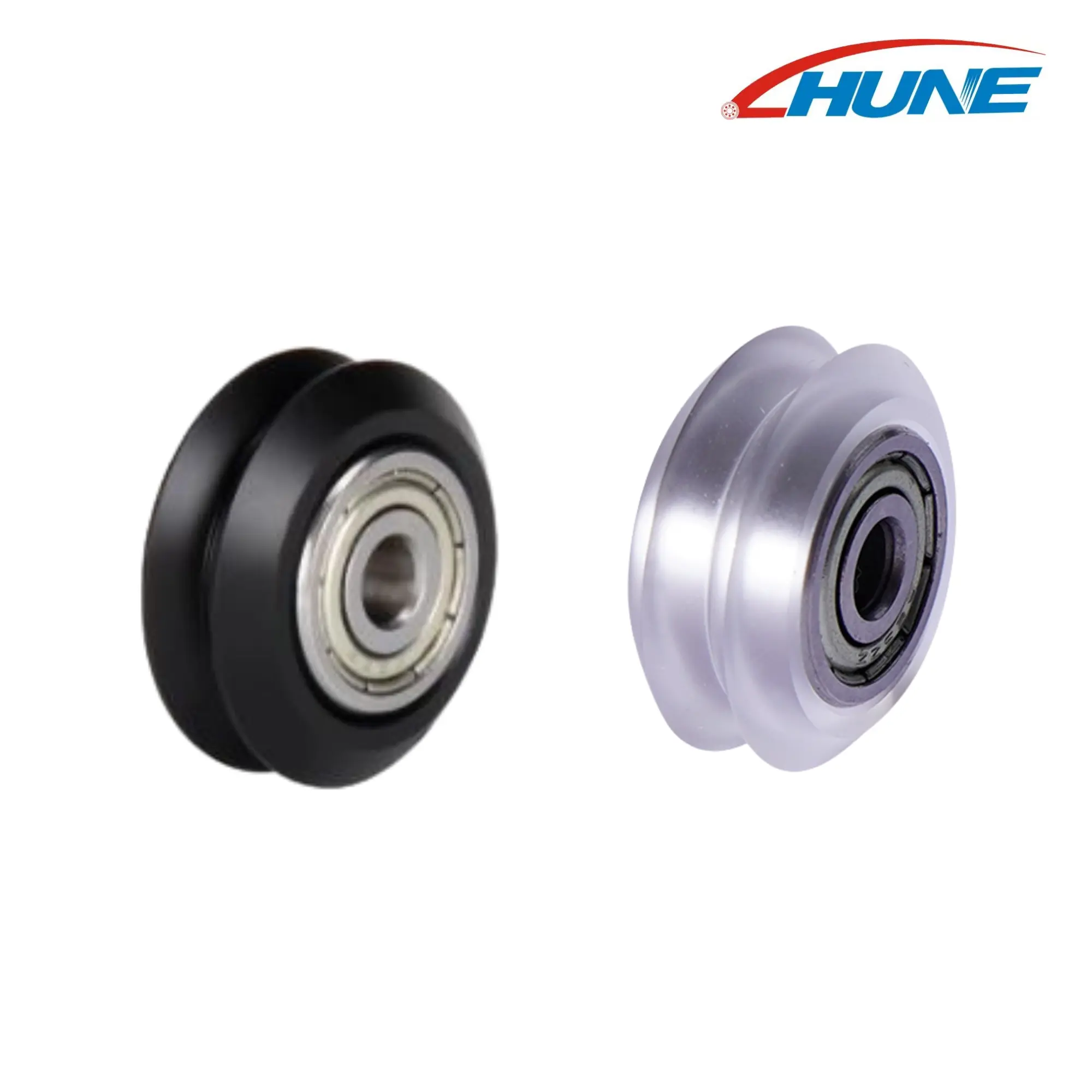 HUNE black and white grooved roller wheels with metal bearings at their centres