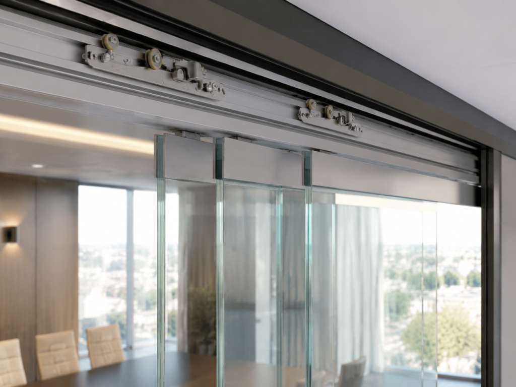 Heavy-duty roller assembly installed in a commercial glass partition door