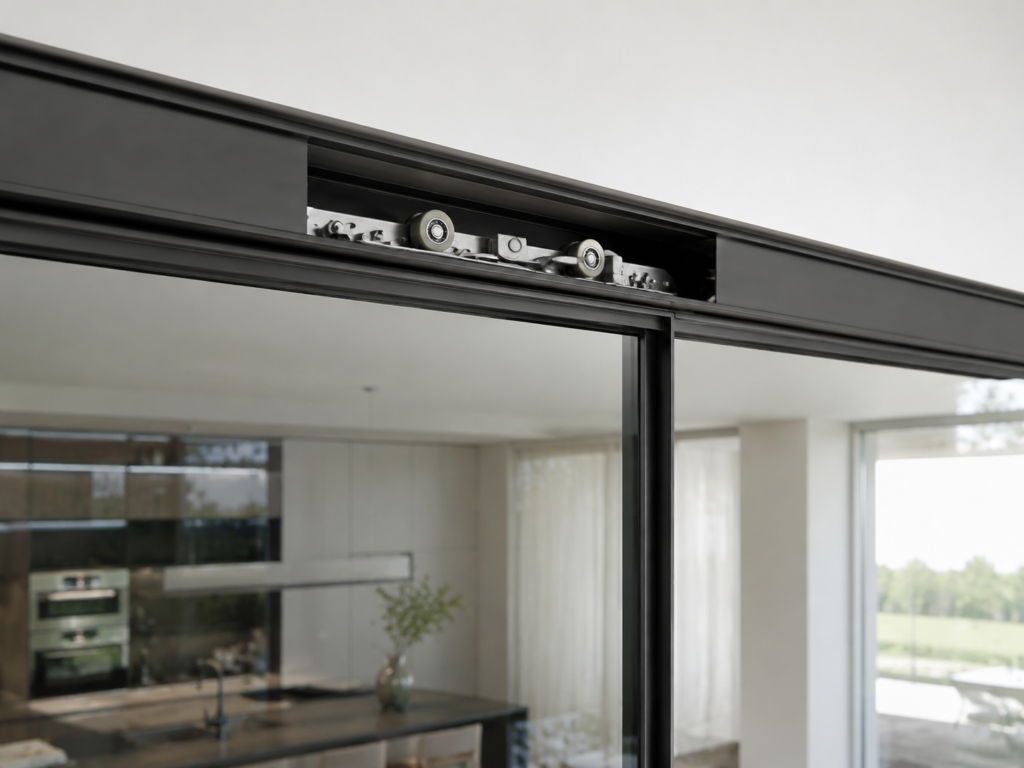 Adjustable roller assembly inside an ultra-slim glass sliding door track