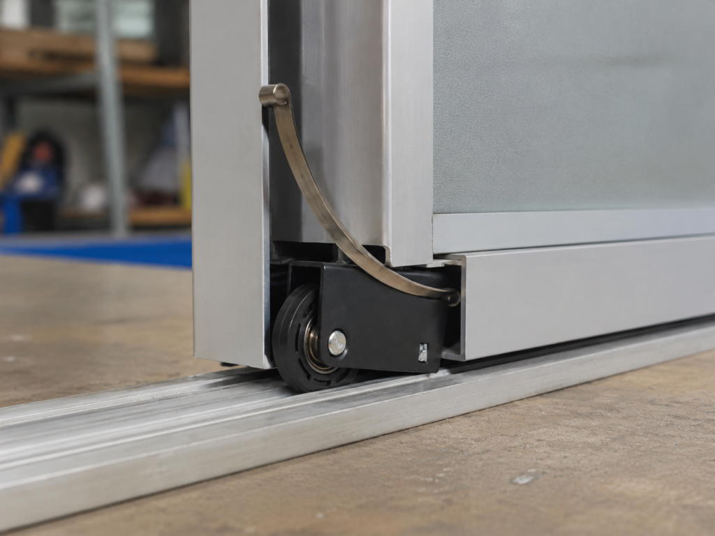 Custom bottom roller assembly for aluminium-frame wardrobe sliding door