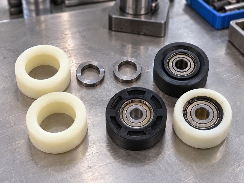 Press-fit bearing and plastic roller outer ring assembly components