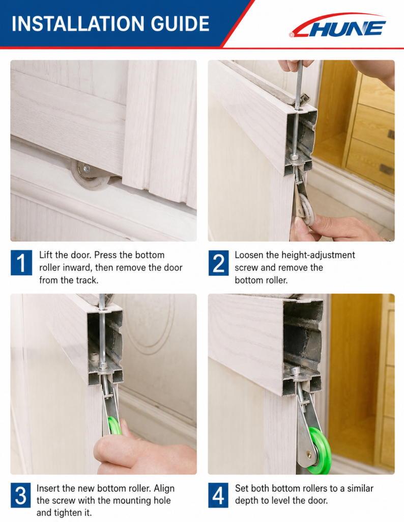 Wardrobe sliding door bottom roller installation steps