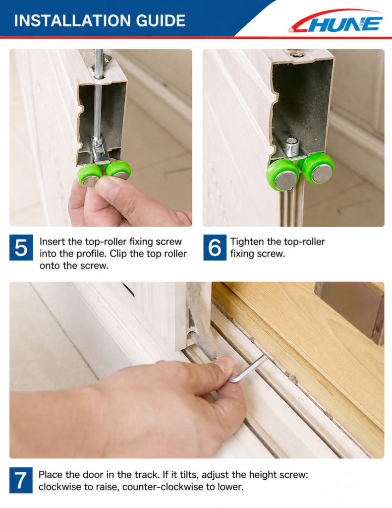 Wardrobe sliding door top roller installation and height adjustment