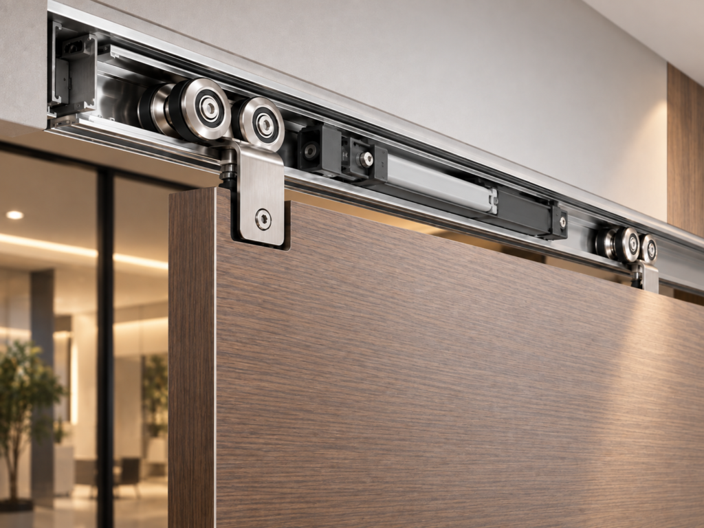 Upper guide and adjustable roller assemblies help stabilise the panel, maintain alignment and control lateral movement inside the upper track. Spring-loaded, double-wheel and adjustable structures can be selected according to the available profile space and installation method.